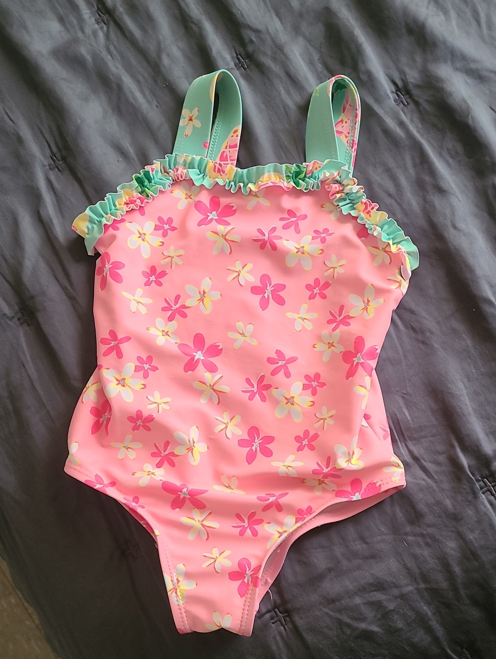 Girls Pink Floral One-Piece Swimsuit with Mint Ruffle Straps